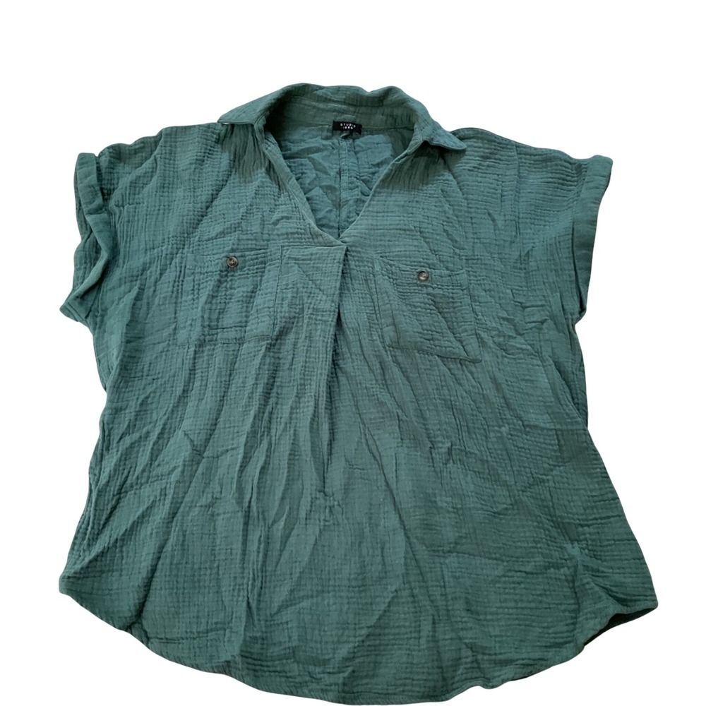Studio 1886 Womens Green Cotton Gauze V-Neck Short Sleeve Button‎ Pocket Top L